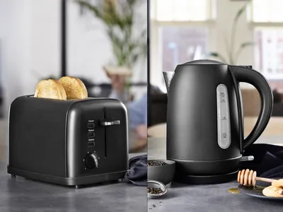 Produktbild von Design Edelstahl 3in1 Frühstücksset Schwarz Standmixer Wasserkocher Toaster