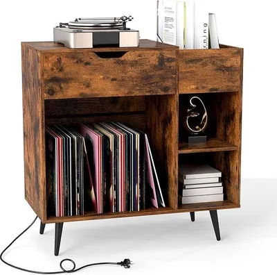 Produktbild von Plattenspieler Stand, Großer challplattenständer mit Steckdosen, Album Aufbewahrung & Metallbeine, Vinyl Platten Aufbewahrungsschrank, Braun