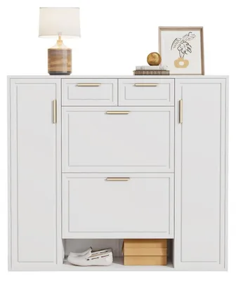Image de Meuble de rangement pour chaussures avec 2 tiroirs et 2 portes, de couleur blanche, dimensions : 120 x 24 x 107 cm