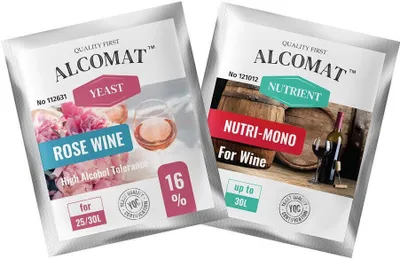 Zdjęcie produktu dla Drożdże do wina różowego Alcomat Rose Wine Yeast HAT 16% drożdży +  składniki odżywcze Nutri Mono | Drożdże do wina | Pożywka dla drożdży | Zestaw 2 opakowań