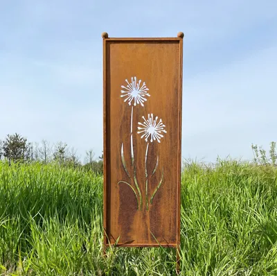 Produktbild von Edelrost Sichtschutz Blumen Motiv Allium 116 cm x 33 cm Paravent zum Stecken Gartenschild Schild Gartenstecker Edelrost Gartendeko Wetterfest Rost Metall Zaun Pusteblume