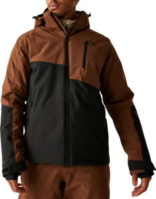 A man wearing a brown and black jacket and brown pants.