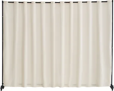 A beige room divider or paravent is shown hanging from a black frame.