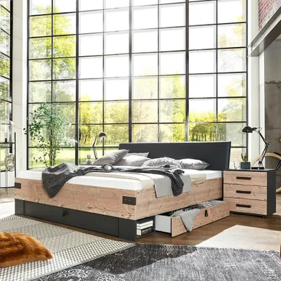 Produktbild von Schlafzimmer Set Industrial Look 180x200cm LIegefläche graphit mit Fichte SUNDERLAND-43, 3-teilig