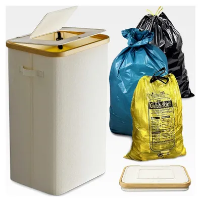Produktbild von Stabiler Ständer für Gelbe Säcke mit Deckel - Großer Mülleimer & Müllsackhalter für Küche & Haushalt | 70L-120L Müllsystem Behälter Weiß - Praktischer Müllsackständer