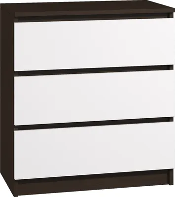 A front view of a three-drawer dresser against a white background.