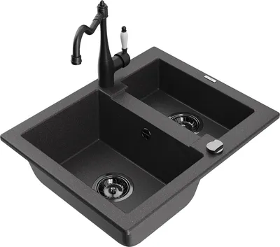 Produktbild von Mexen Carlos 1,5-Becken-Granitspüle mit Mischbatterie Carla, Schwarz gesprenkelt - 6518-76-670700-70-B