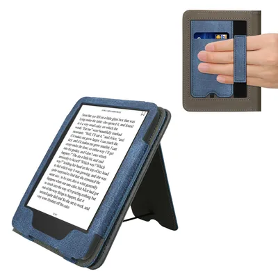Produktbild von kwmobile Hülle kompatibel mit Amazon Kindle (2022/2024) Hülle - Flip Case mit Handschlaufe - Kunstleder Cover - Dunkelblau Dunkelgrau