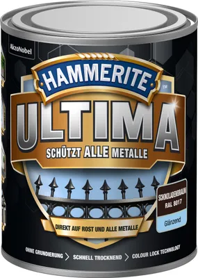 Produktbild von Hammerite Metallschutzlack Ultima Glänzend, Hochwertiger Schutzlack für alle Metalle im Außenbereich, Schokobraun, RAL 8017, 750 ml