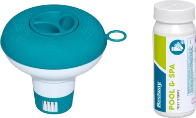Produktbild von Bestway | Dosierschwimmer-Set inkl. 50 Teststreifen | 12,5 cm Ø | Zur Messung & Dosierung von freiem Chlor, pH-Wert und Gesamtalkalität | Poolwasser sauber und kristallklar