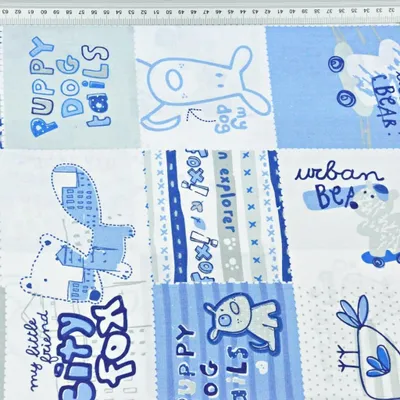 Produktbild von 100% Baumwolle - Patchwork Tiere in blau-grau auf weißem Hintergrund