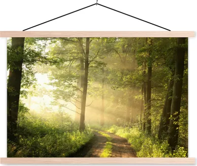 Produktbild von MuchoWow® Textilposter Wald - Sonne - Bäume 120x80 cm mit holzfarbenen Rahmen - Aufhängeset