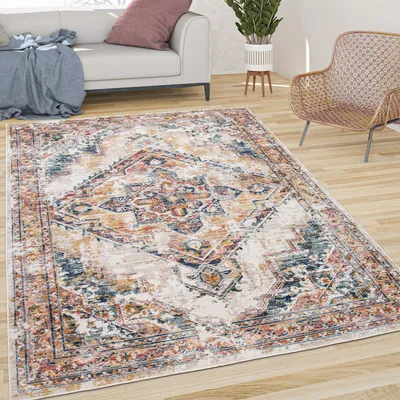Immagine prodotto di Tappeto soggiorno a pelo corto vintage pastello con motivi orientali moderno beige giallo dimensioni 60x100 cm