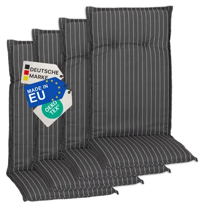 Produktbild von NYVI Gartenstuhl Auflagen Hochlehner 4er Set Barcelona - UV-Beständig, Atmungsaktiv, Strapazierfähig - Hochlehnerauflagen Outdoor - Sitzauflagen für Gartenstühle 118x50cm Grau Weiße Streifen