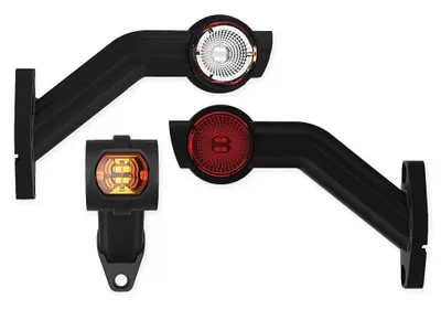 Three different types of LED lights for vehicles, mounted on black brackets, are displayed against a white background.