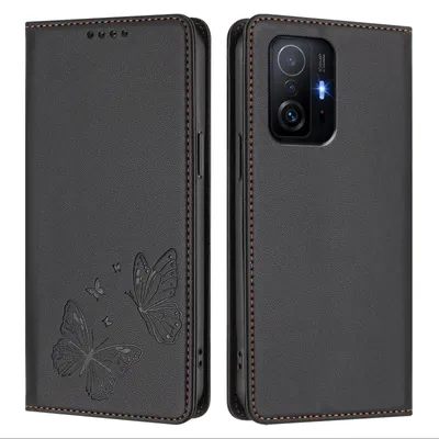 Produktbild von Lederhülle für Xiaomi 11T /Xiaomi 11T Pro, Schmetterling Prägung Leder Brieftasche Schutzhülle mit Ständer Schwarz