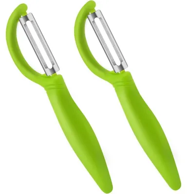 Immagine prodotto di Set di 2 sbucciatori universali in acciaio inossidabile, ideali per patate, verdure e frutta. Forma a "I". Colore: verde