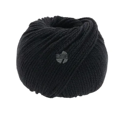 A ball of black yarn with a logo in the center.