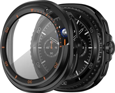Produktbild von Bandz PC-Hartschalenetui mit Bildschirmschutz - passend für Samsung Galaxy Watch 8 Classic - Hartplastik-Schutzhülle mit Lünette - Vollschutz (schwarz mit orange)
