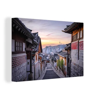 Produktbild von OneMillionCanvasses® - Leinwandbilder - 140x90 cm, Straße im Hanok-Dorf Bukchon in Südkorea, Wandbilder Kunstdruck Wanddekoration