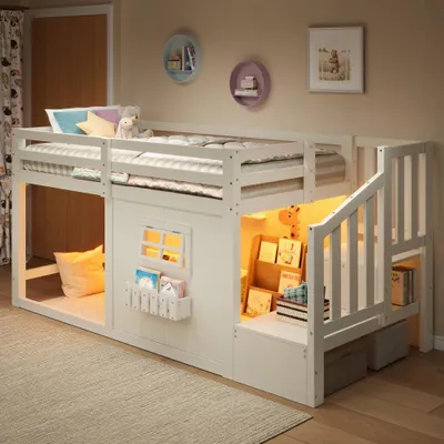 Produktbild von Kinder Hochbett mit Fenster, LED Leiter, Stauraum, Kiefer, Weiß, 90x200cm