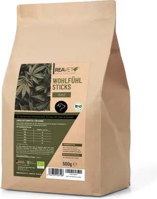 Produktbild von REAVET Hunde Leckerlis mit Hanf 500g, Wohlfühl Sticks - Natürliche Beruhigung & Entspannung bei Angst oder Stress, Hundeleckerlis