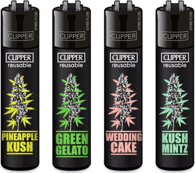 Four black Clipper lighters with different cannabis strain designs.