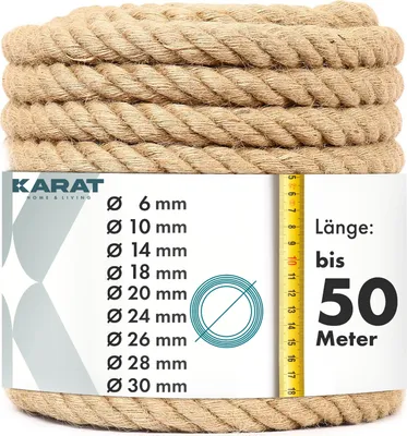 A coil of thick, natural fiber rope is shown with a label detailing its specifications.