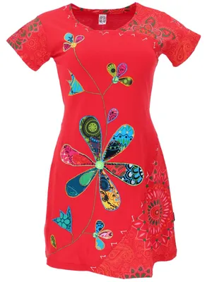 Produktbild von Hippie Minikleid Boho Chic, Besticktes Shirtkleid - Rot, Damen, Baumwolle, Größe: M