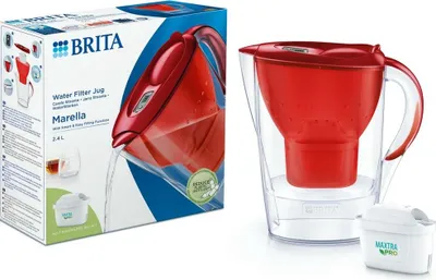 A Brita water filter jug and its packaging are displayed side-by-side.
