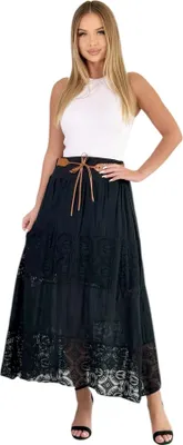 Produktbild von Mississhop Langer Baumwollrock mit Spitze & Gürtel 3094 Schwarz