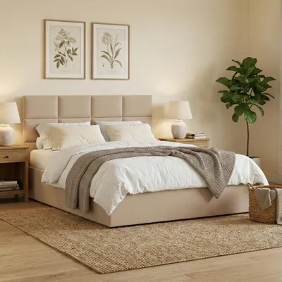 Produktbild von Polsterbett 140x200 cm mit Lattenrost, stabiles Doppelbett mit dekorativem Kopfteil, ohne Bettkasten, Geflecht, Beige YORK 140 x 200