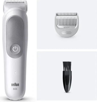 A collage showing a body groomer and its accessories.