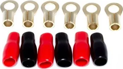 Produktbild von Sinuslive RKS-25 Ringkabelschuh mit 8mm Loch 24 Karat vergoldete Ringkabelschuh mit schwarzen und roten Isoliertüllen