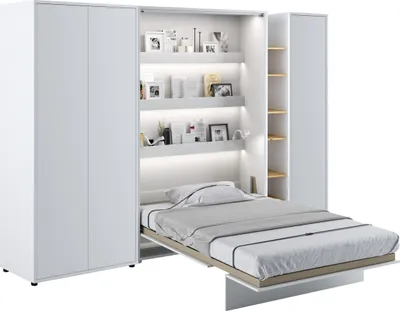 Produktbild von Wohnwand mit Schrankbett Bed Concept 120x200 Lenart Kleiderschrank Regalschrank Regal Led Beleuchtung Weiß