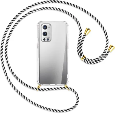 Produktbild von Handykette Backcover-Schutzhülle mit Band (Metall goldfarben) für OnePlus 9 - schwarz/weiß gestreift