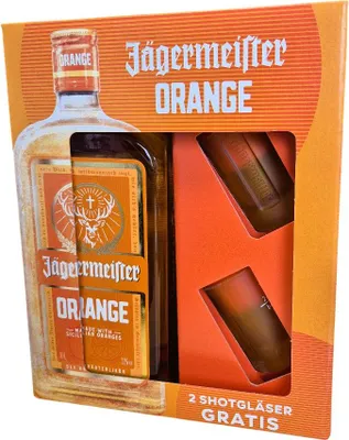 A gift set of Jägermeister Orange liqueur with two shot glasses, presented in its retail packaging.