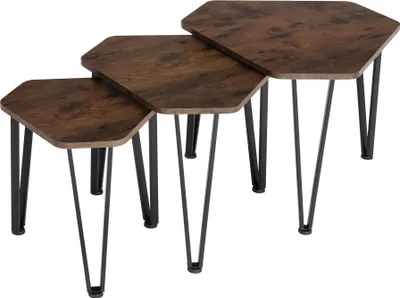 A set of three hexagonal nesting tables with a wood-grain finish and black metal hairpin legs, displayed against a white background.