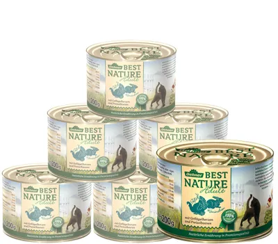 Produktbild von Dehner Best Nature Katzenfutter, Nassfutter, für ausgewachsene Katzen, Geflügelherzen / Kaninchen 6 x 200 g Dose (1.2 kg)