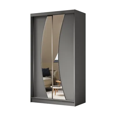 Produktbild von Schwebetürenschrank VOX 120 cm – Kleiderschrank mit 2 Schubkasteneinsätze, Spiegel & Schiebetüren (Graphit)