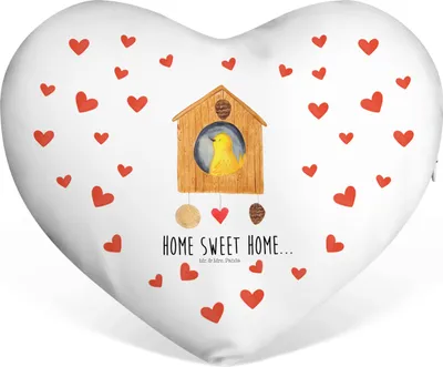 Produktbild von Mr. & Mrs. Panda Sofakissen Vogelhaus Home - Weiß - Geschenk, Einzugsgeschenk, Dekokissen, Lustige Sprüche, Romantisches Kissen, Haus, Herz, Umzug, Kuschelkissen, Vogel