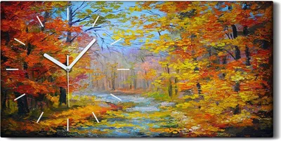 Produktbild von Wohnzimmer-Bild Leinwand Uhr Geräuschlos 60x30 Ölgemälde Wald Bäume Herbst Kunst - weiße Hände