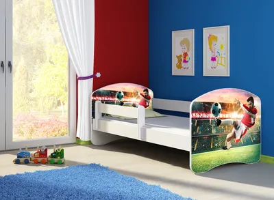 Produktbild von Kinderbett, Babybett 70x140, 80x160, 80x180cm Juniorbett, Kind, Motiv, Schublade CLAMARO, Bett Farbe:37 Fußballer, Ausführung:Ohne Bettkasten, Bett Größe:140 x 70 cm