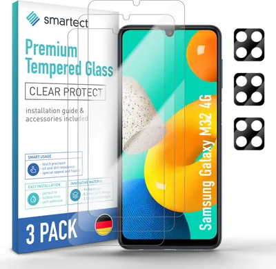 Produktbild von 3x Schutzglas Panzerfolie Klar für Galaxy M32 4G + 3x Kameraschutz Hartglas Glas