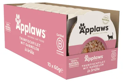 Productafbeelding van APPLAWS Kattenvoer, stukjes tonijn en garnalen, 10 porties van 60 gram
