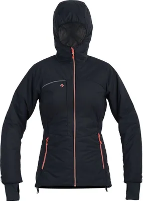 Dunkelblaue Insulationsjacke für Damen von DirectAlpine mit Kapuze und orangefarbenen Reißverschlussdetails.
