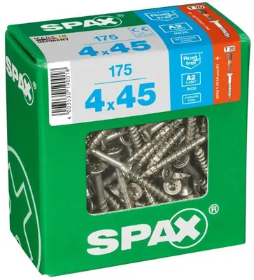 Immagine prodotto di Vite SPAX in acciaio inox, 4 x 45 mm, 175 pezzi, parzialmente filettata, testa svasata, T-STAR plus T20, 4CUT - 4197000400456
