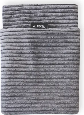 A folded grey corduroy dog bed cover with a black label.