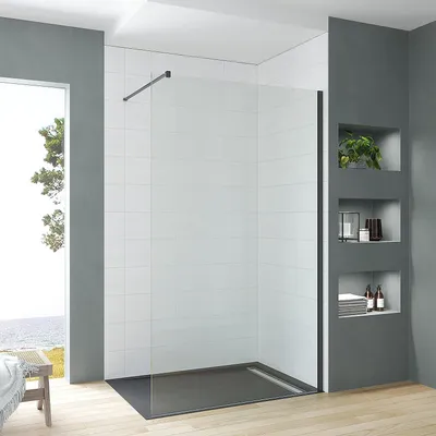 Produktbild von Walk-in-Dusche 120cm Duschabtrennung schwarz matt Duschwand Glas mit Nano Beschichtung Duschtrennwand walk in Höhe 200cm inkl. 90° Stabilisationsbügel 8mm starkes Klarglas Einscheibensicherheitsglas