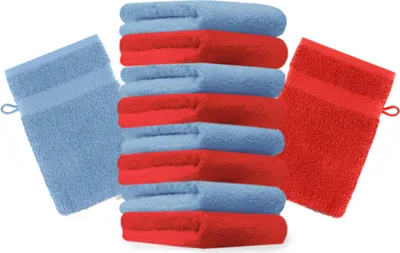 Produktbild von Betz 10 Stück Waschhandschuhe 16x21 cm PREMIUM 100% Baumwolle  Farbe: rot und hellblau